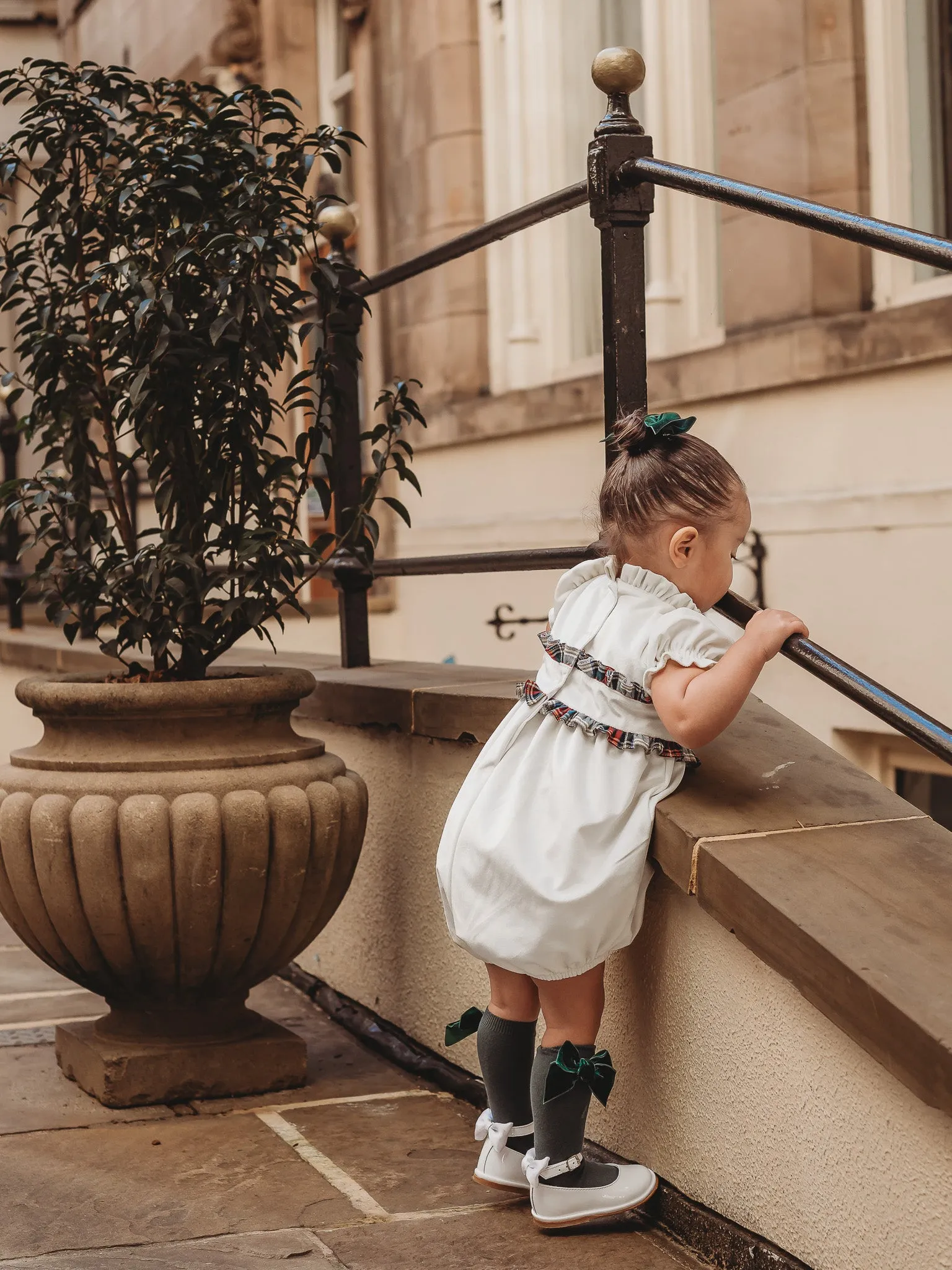 'Angel' ivory velvet & tartan romper