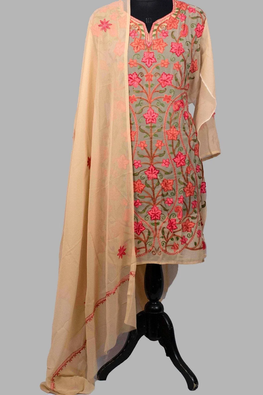 Beige Colour Aari Work Neck Kurti With Thread Embroidery Along With Embroidered Dupatta