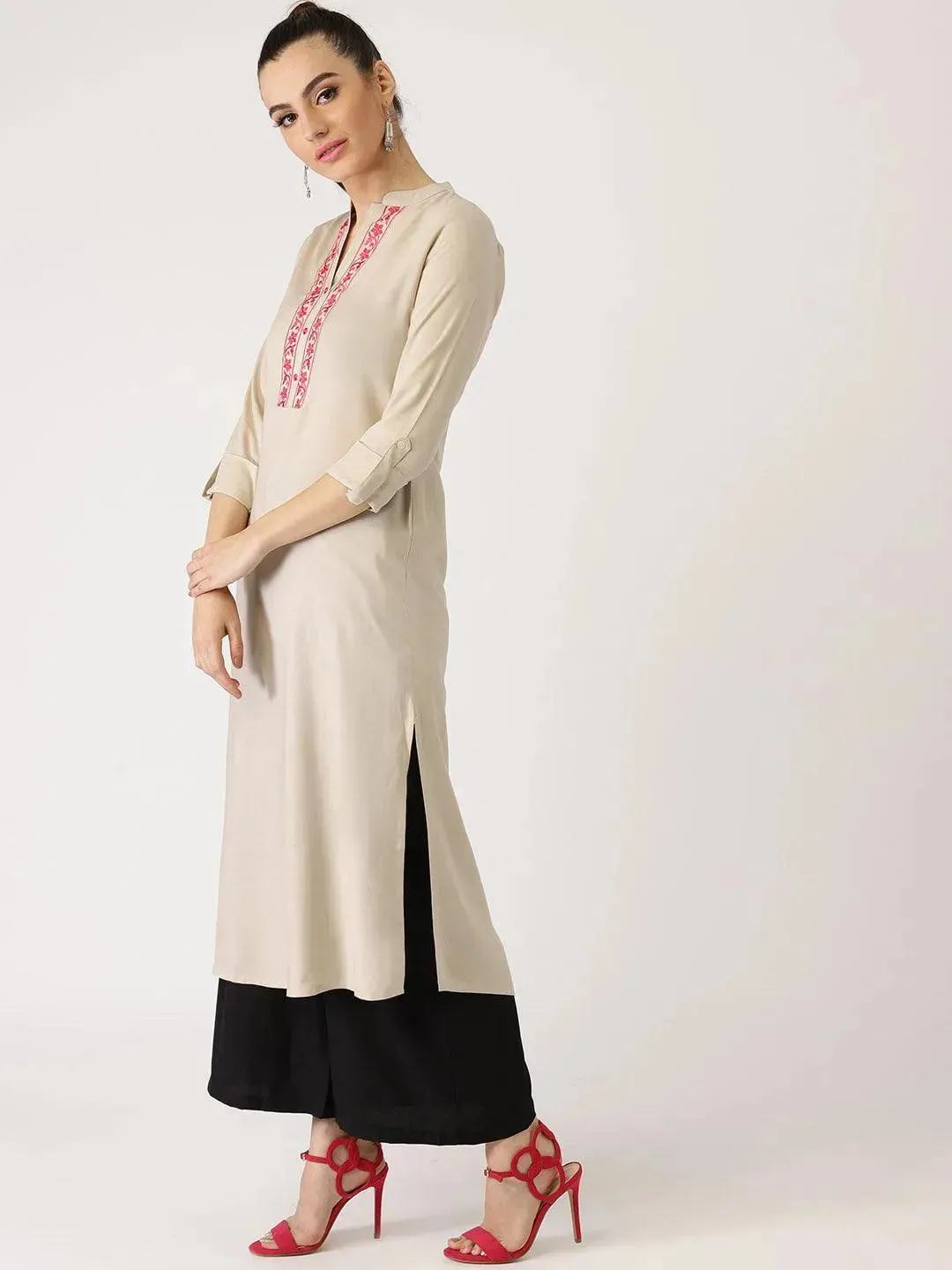 Beige Solid Rayon Kurta