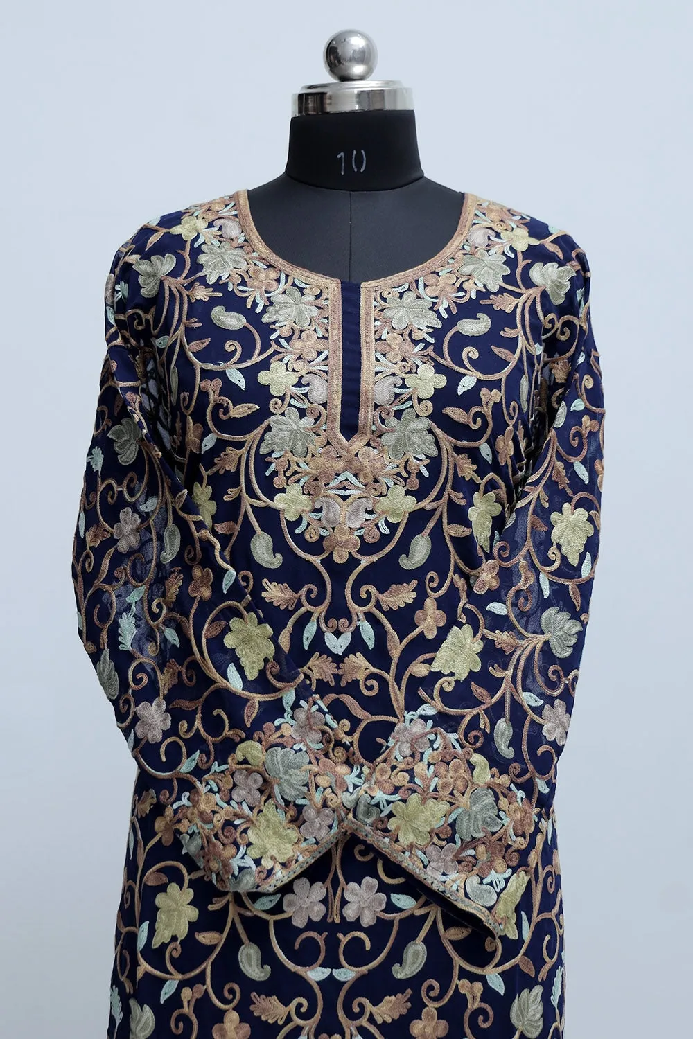 Blue Colour Georgette Semi Stitched  Kashmiri Kurti With Multicolour all over Front and Back Embroidery