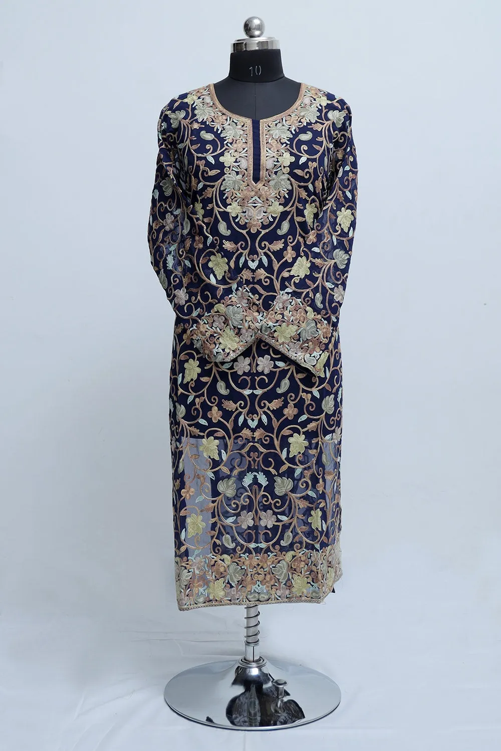 Blue Colour Georgette Semi Stitched  Kashmiri Kurti With Multicolour all over Front and Back Embroidery