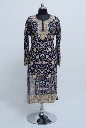 Blue Colour Georgette Semi Stitched  Kashmiri Kurti With Multicolour all over Front and Back Embroidery