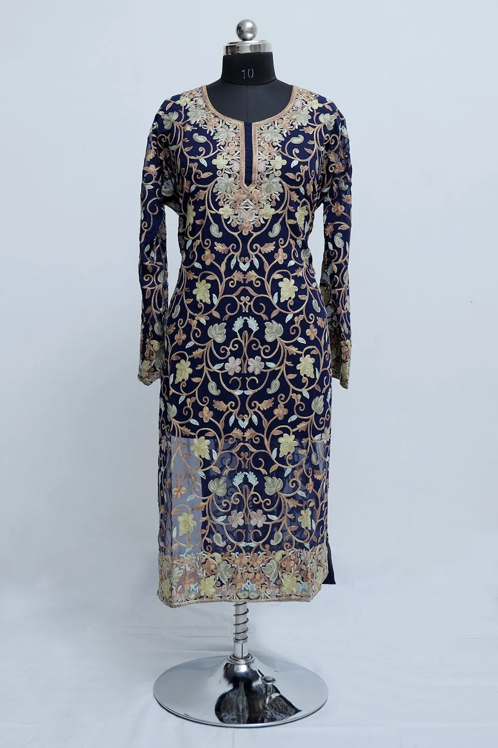 Blue Colour Georgette Semi Stitched  Kashmiri Kurti With Multicolour all over Front and Back Embroidery