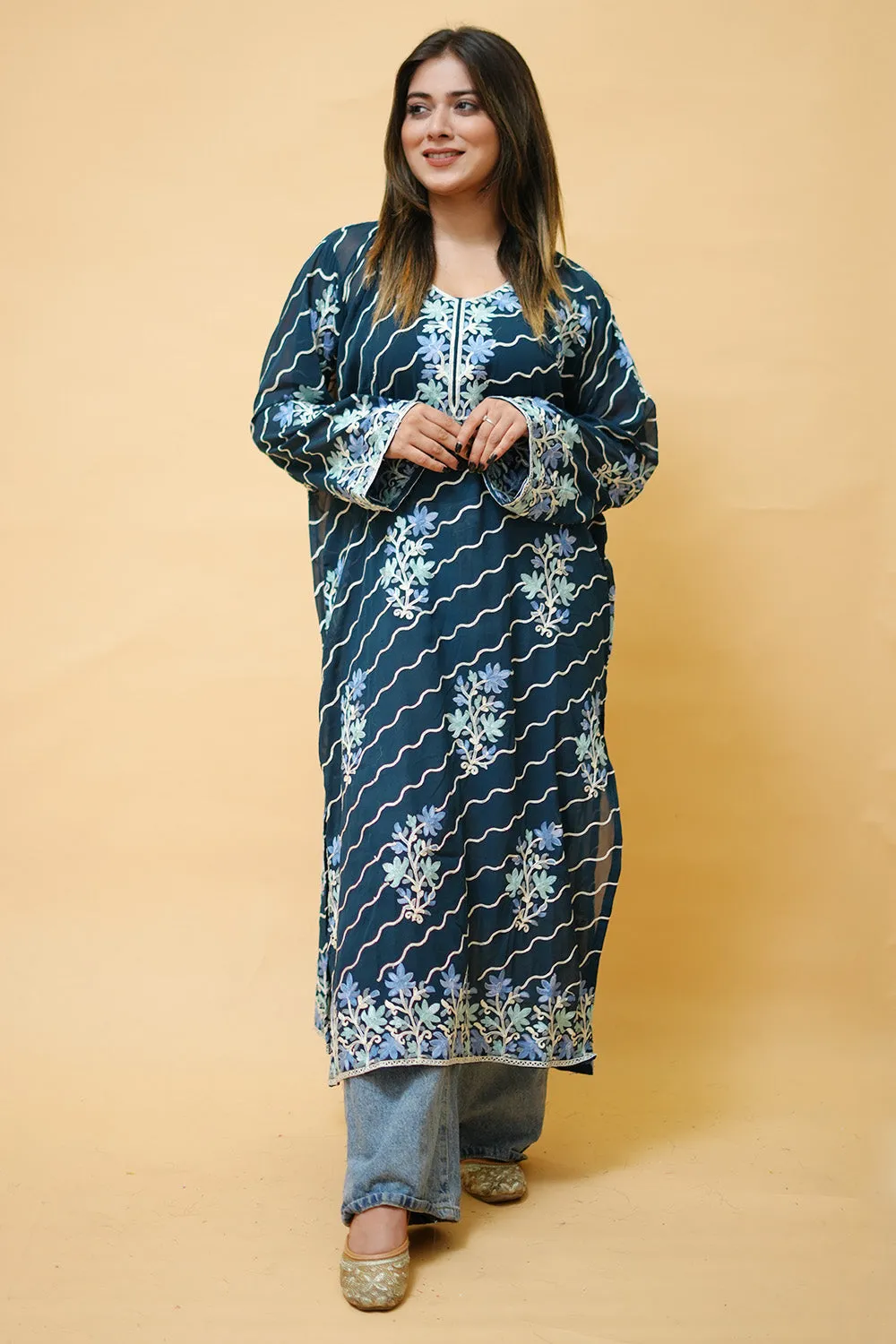 Blue  Diagonal  Kashmiri Kurti With Multicolour all over Front and Back Embroidery