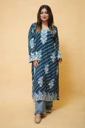 Blue  Diagonal  Kashmiri Kurti With Multicolour all over Front and Back Embroidery