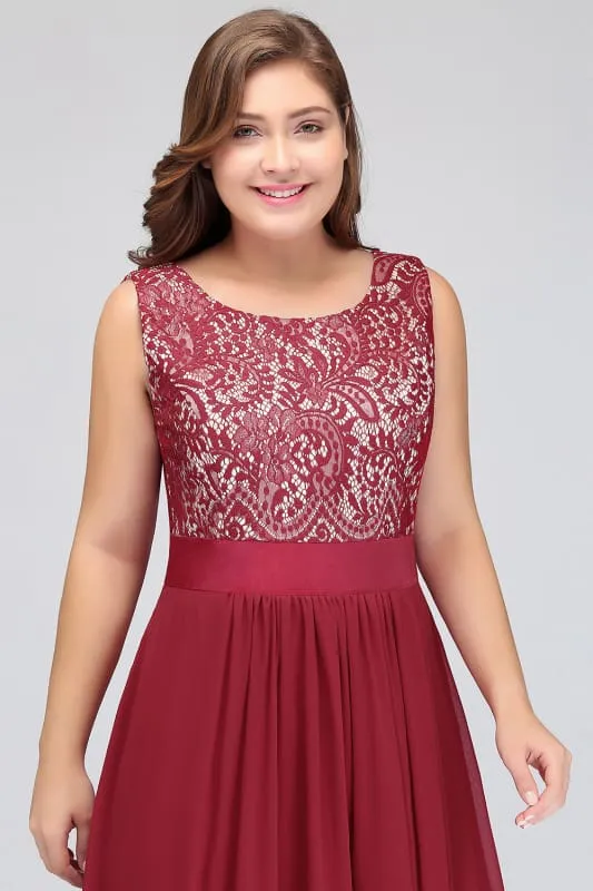 Chic Sleeveless Chiffon Aline Evening Dresses Crew Neck Lace Bridesmaid Dress
