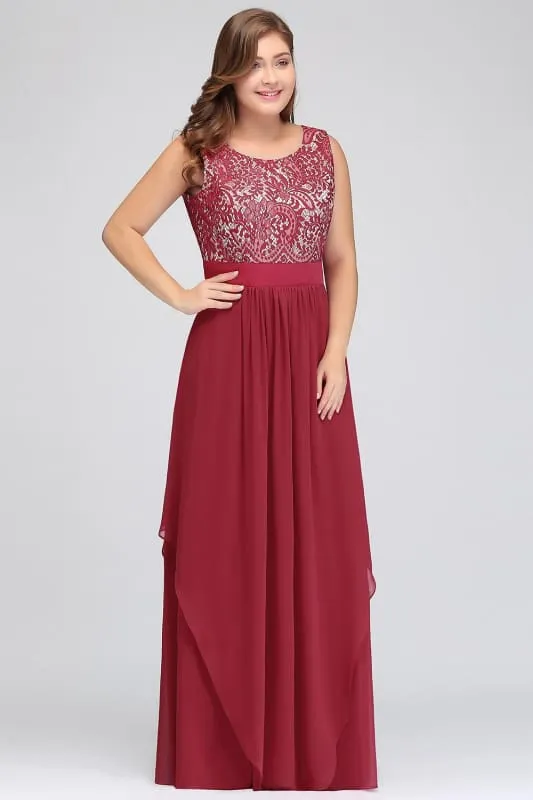 Chic Sleeveless Chiffon Aline Evening Dresses Crew Neck Lace Bridesmaid Dress