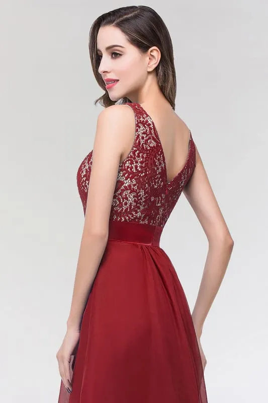 Chic Sleeveless Chiffon Aline Evening Dresses Crew Neck Lace Bridesmaid Dress