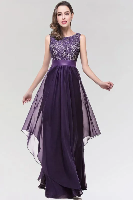Chic Sleeveless Chiffon Aline Evening Dresses Crew Neck Lace Bridesmaid Dress