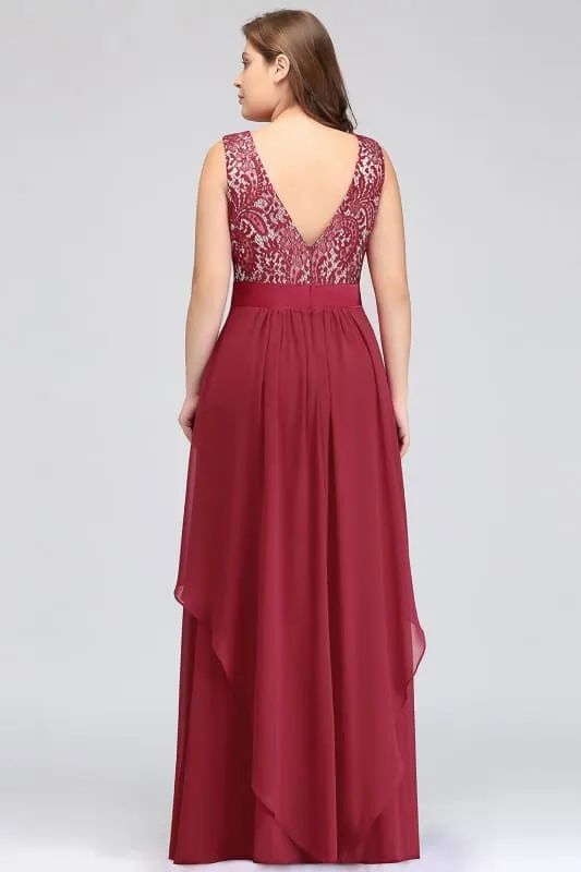 Chic Sleeveless Chiffon Aline Evening Dresses Crew Neck Lace Bridesmaid Dress