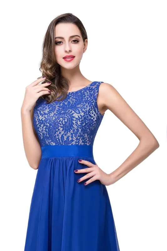 Chic Sleeveless Chiffon Aline Evening Dresses Crew Neck Lace Bridesmaid Dress