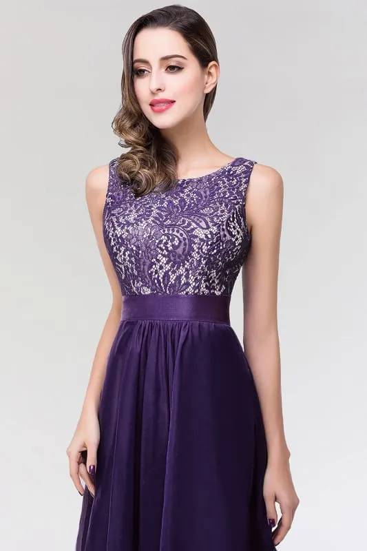 Chic Sleeveless Chiffon Aline Evening Dresses Crew Neck Lace Bridesmaid Dress