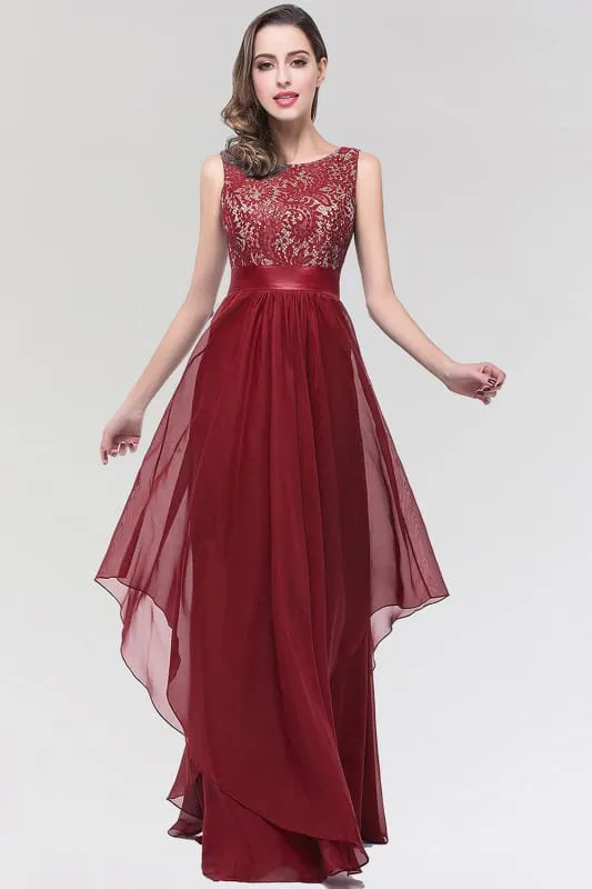 Chic Sleeveless Chiffon Aline Evening Dresses Crew Neck Lace Bridesmaid Dress