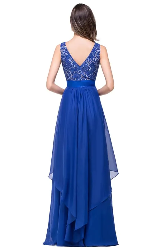Chic Sleeveless Chiffon Aline Evening Dresses Crew Neck Lace Bridesmaid Dress