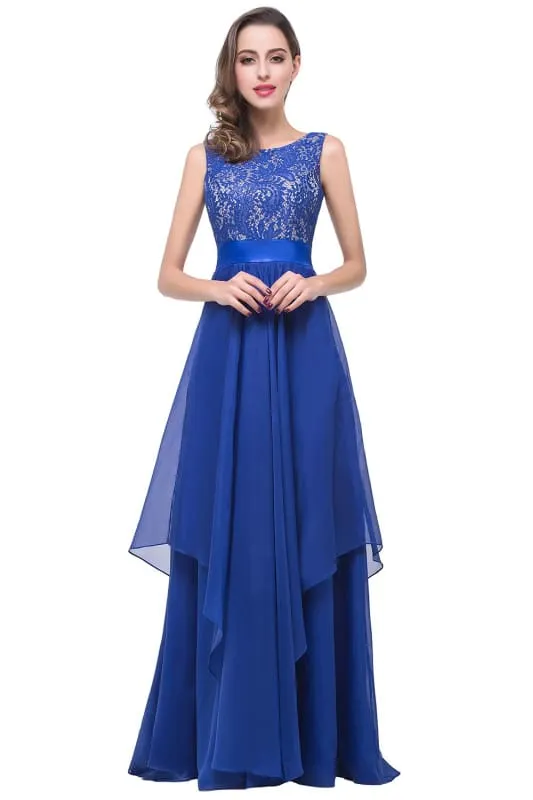 Chic Sleeveless Chiffon Aline Evening Dresses Crew Neck Lace Bridesmaid Dress