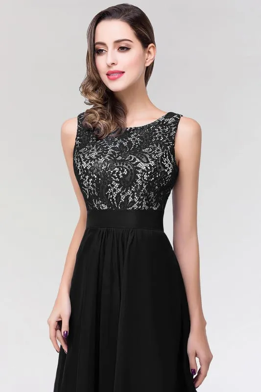 Chic Sleeveless Chiffon Aline Evening Dresses Crew Neck Lace Bridesmaid Dress