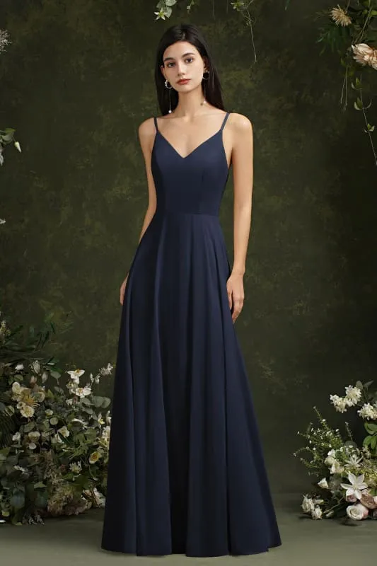 Chic Spaghetti Straps Chiffon Formal Dress Sleveless V-Neck Aline Long Evening Dress