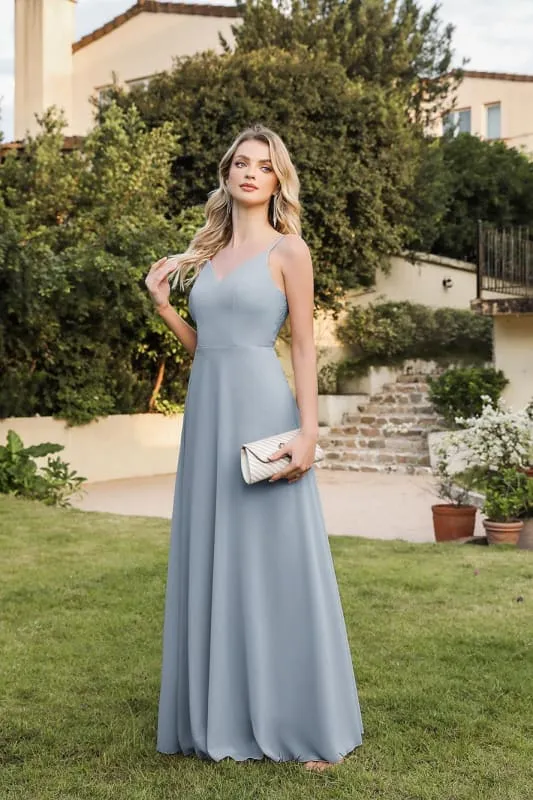 Chic Spaghetti Straps Chiffon Formal Dress Sleveless V-Neck Aline Long Evening Dress