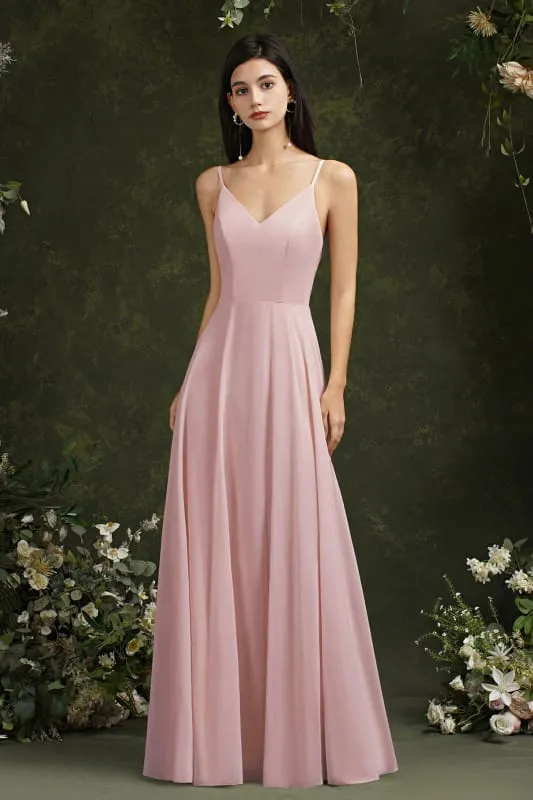 Chic Spaghetti Straps Chiffon Formal Dress Sleveless V-Neck Aline Long Evening Dress