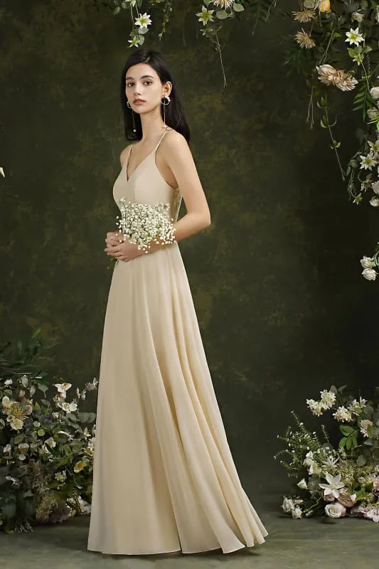 Chic Spaghetti Straps Chiffon Formal Dress Sleveless V-Neck Aline Long Evening Dress