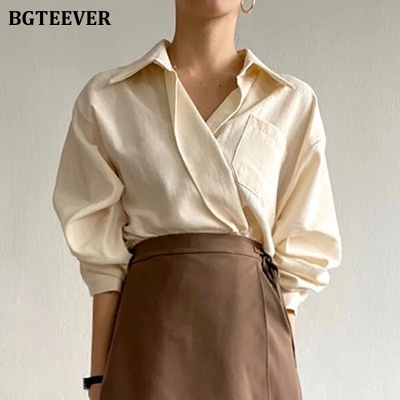 Christmas Gift Joskaa Casual Turn-down Collar Women Solid Blouses Tops 2024 Autumn Full Sleeve Pocket Female Shirts Elegant Ladies Blusas