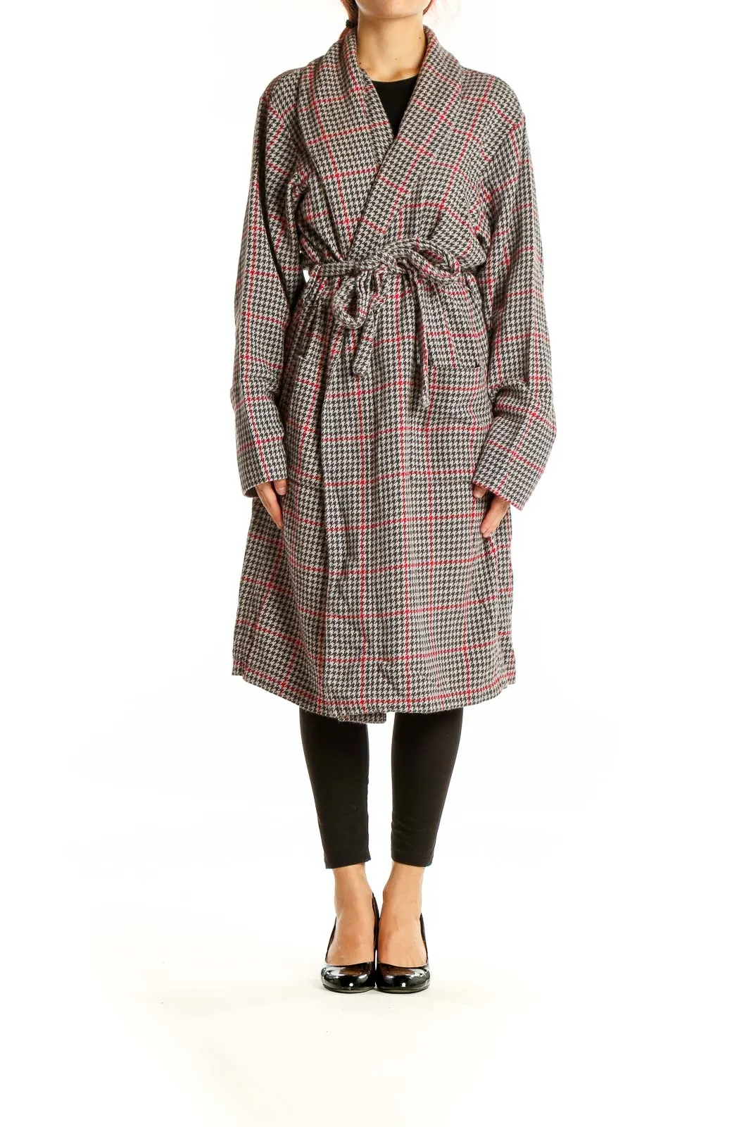 Gray Houndstooth Belted Coat