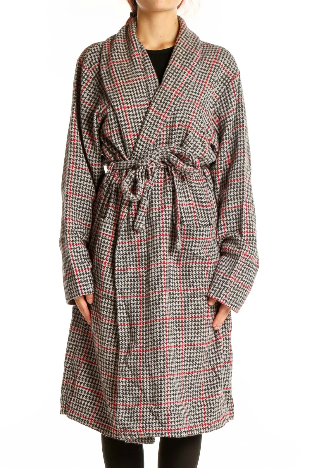 Gray Houndstooth Belted Coat