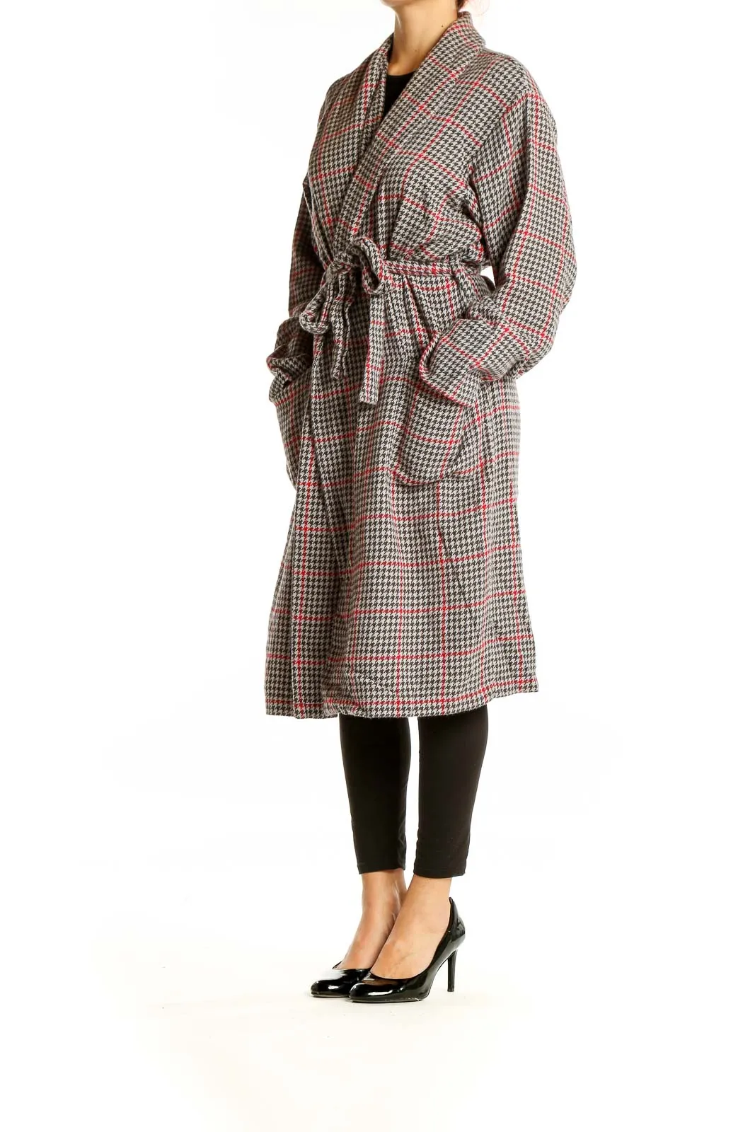 Gray Houndstooth Belted Coat