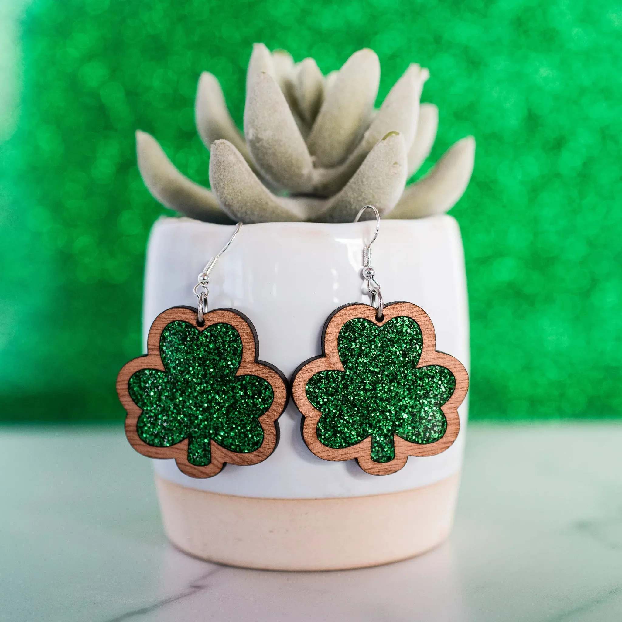 Green Glitter Shamrock Dangle - St Patrick Paddy Day Earrings