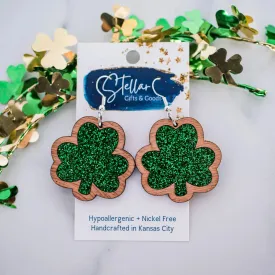 Green Glitter Shamrock Dangle - St Patrick Paddy Day Earrings