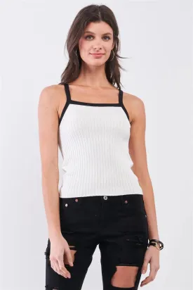 Ivory & Black Sleeveless Ribbed Knit Basic Cami Top /2-2-2