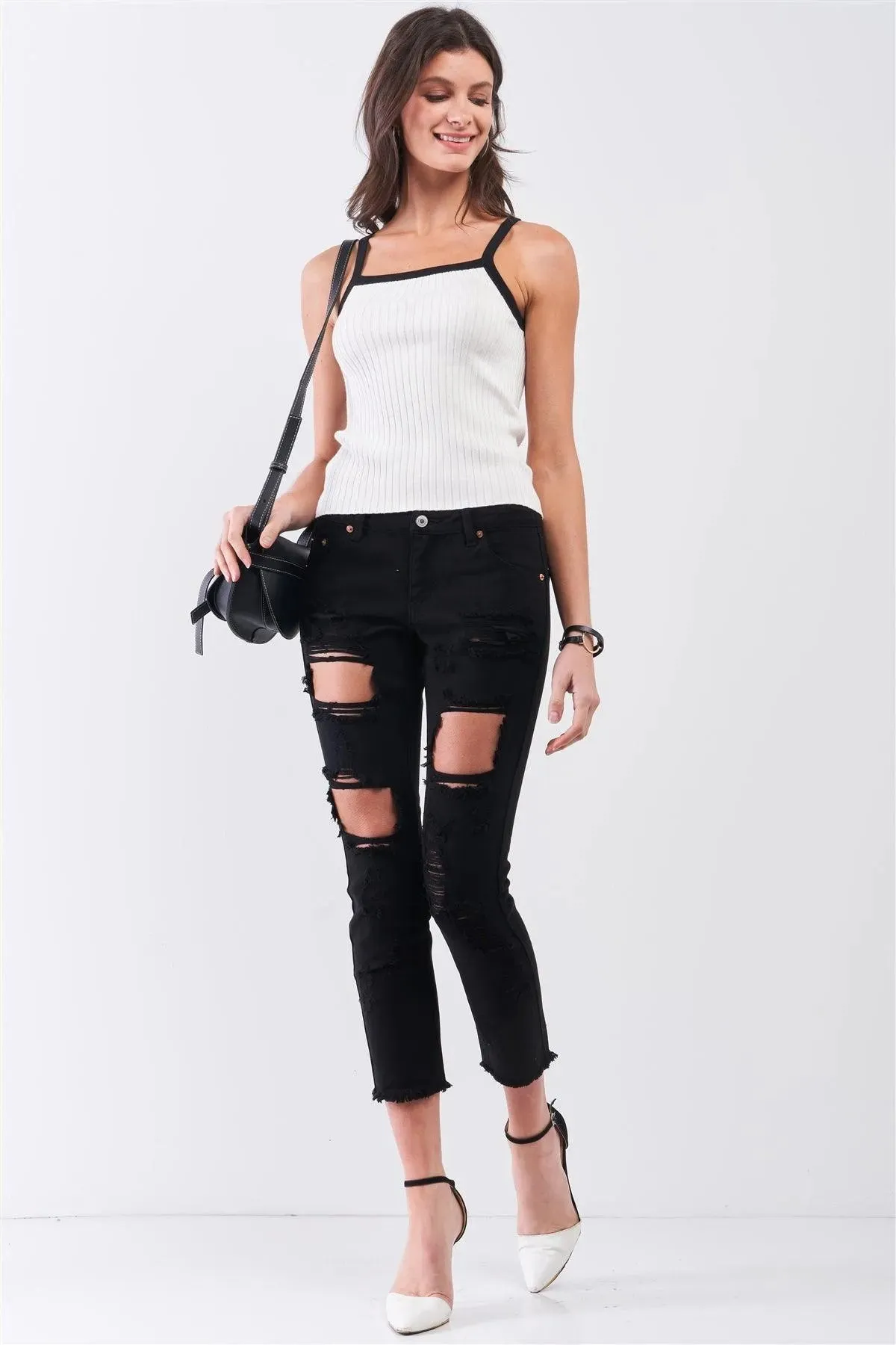Ivory & Black Sleeveless Ribbed Knit Basic Cami Top /2-2-2