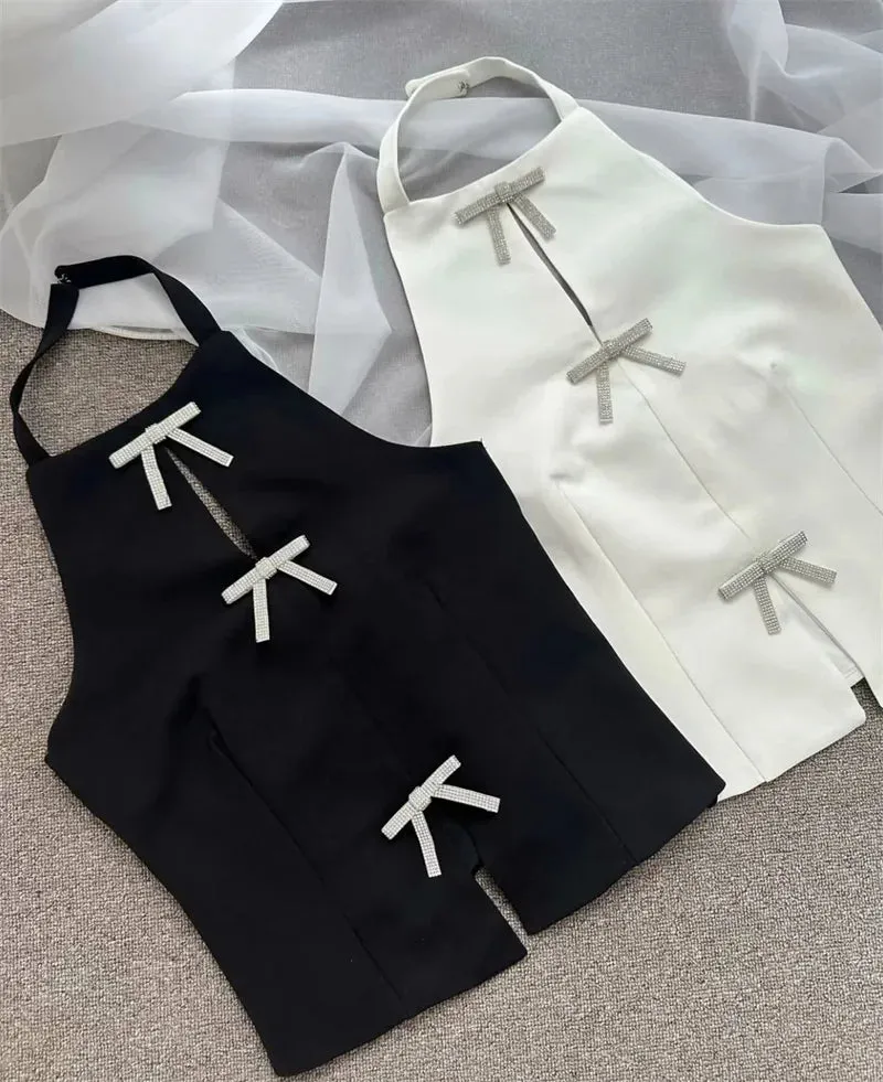 Rhinestone Bow Cut-Out Crop Top