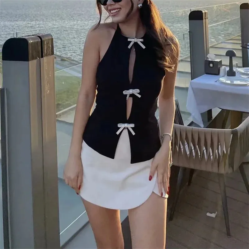 Rhinestone Bow Cut-Out Crop Top