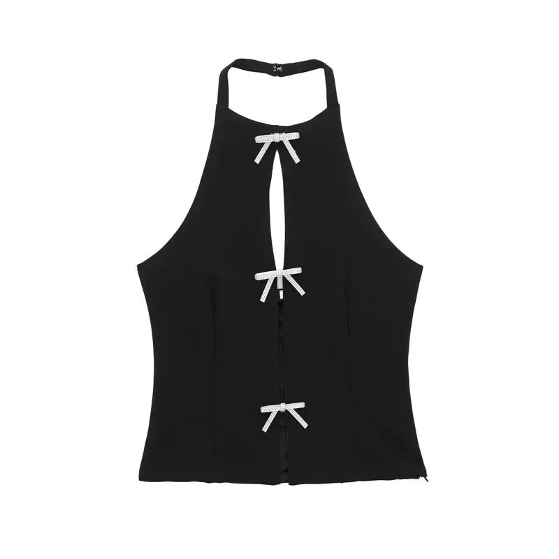Rhinestone Bow Cut-Out Crop Top