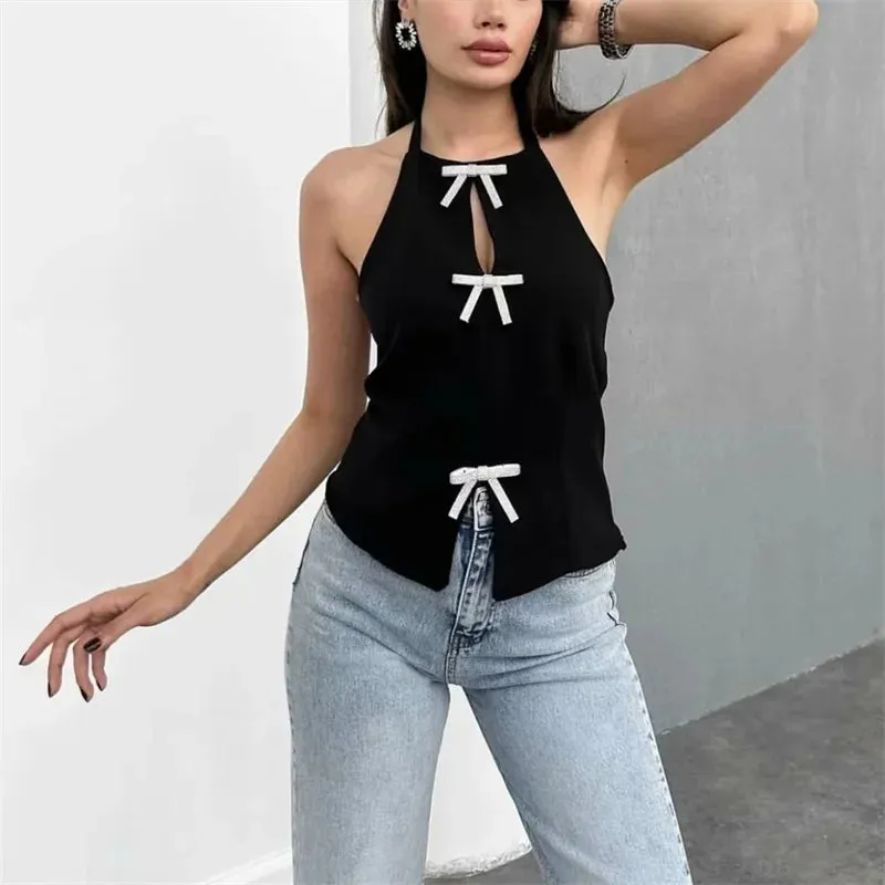 Rhinestone Bow Cut-Out Crop Top