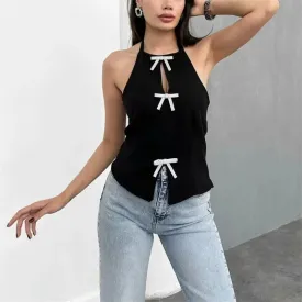 Rhinestone Bow Cut-Out Crop Top