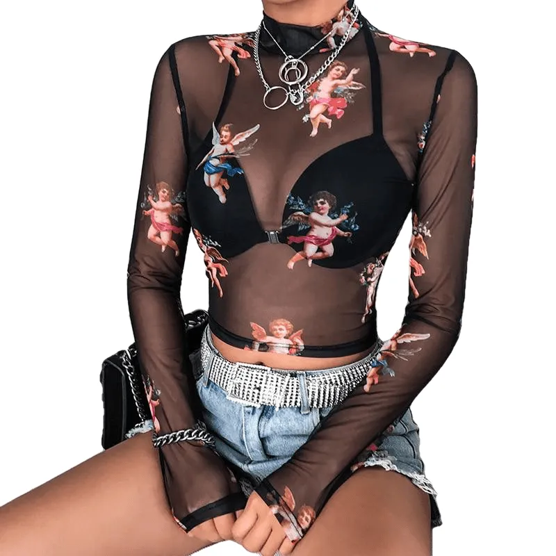 Sexy Ladies' Slim Fit Long Sleeve Turtleneck Mesh See Through Tops
