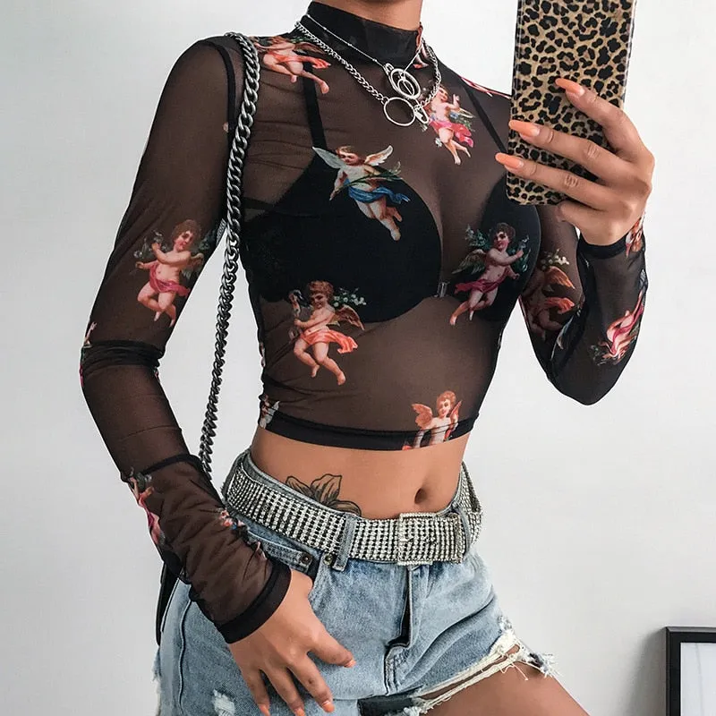 Sexy Ladies' Slim Fit Long Sleeve Turtleneck Mesh See Through Tops