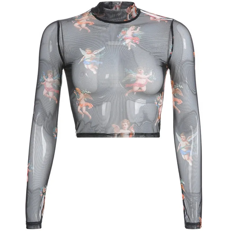 Sexy Ladies' Slim Fit Long Sleeve Turtleneck Mesh See Through Tops
