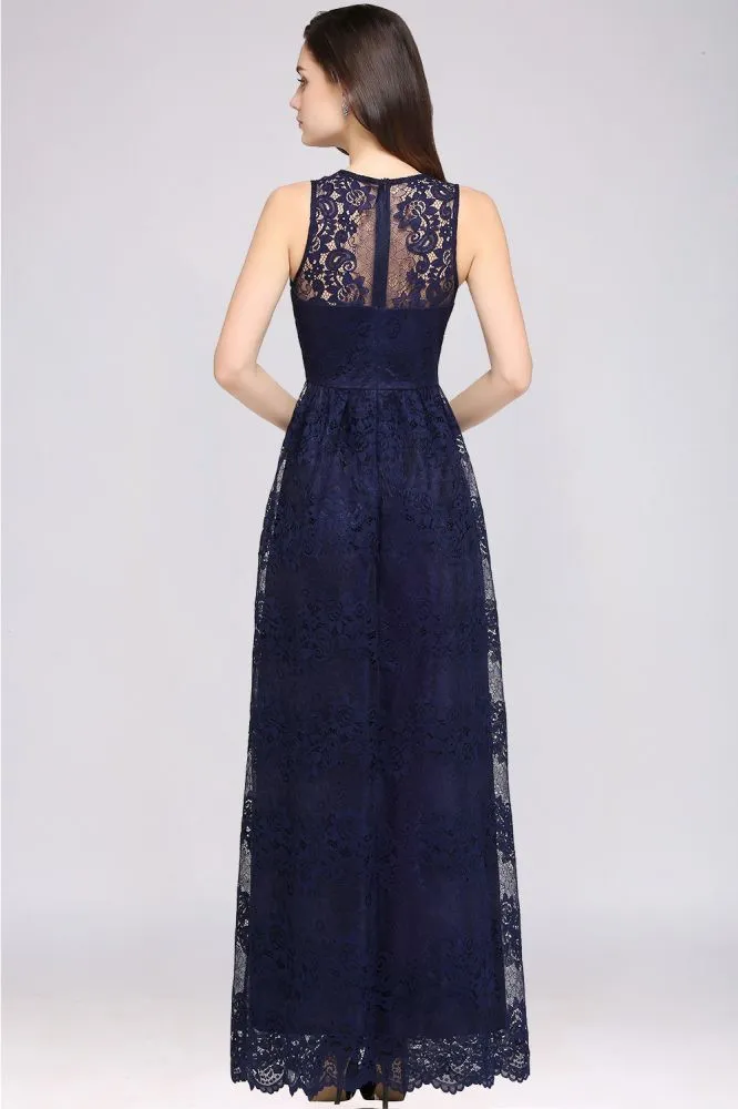 Sheath V-neck Floor-length Lace Navy Blue Formal Dress