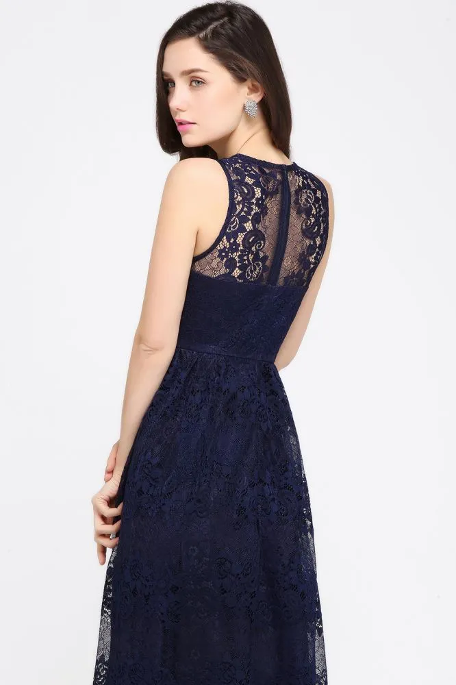 Sheath V-neck Floor-length Lace Navy Blue Formal Dress