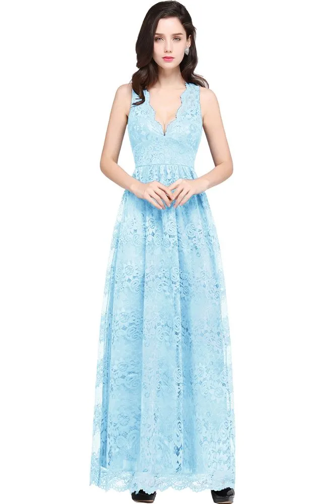 Sheath V-neck Floor-length Lace Navy Blue Formal Dress