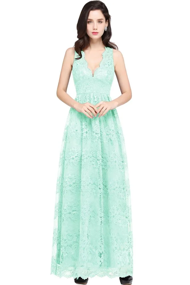 Sheath V-neck Floor-length Lace Navy Blue Formal Dress