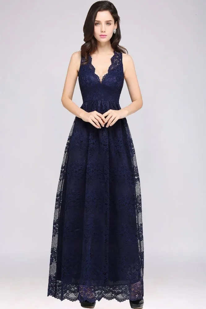 Sheath V-neck Floor-length Lace Navy Blue Formal Dress