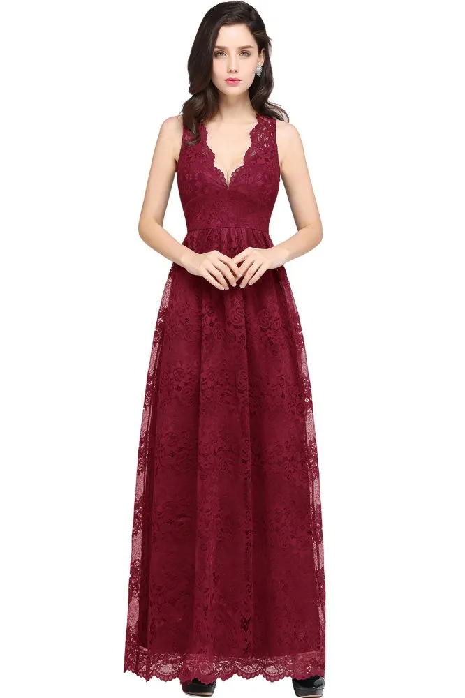 Sheath V-neck Floor-length Lace Navy Blue Formal Dress