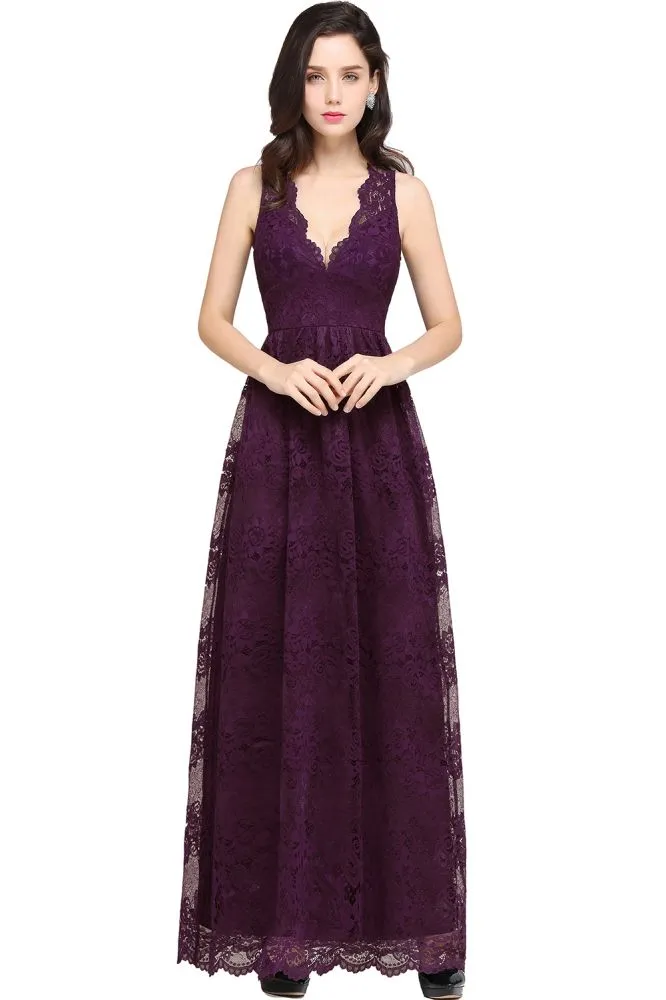 Sheath V-neck Floor-length Lace Navy Blue Formal Dress