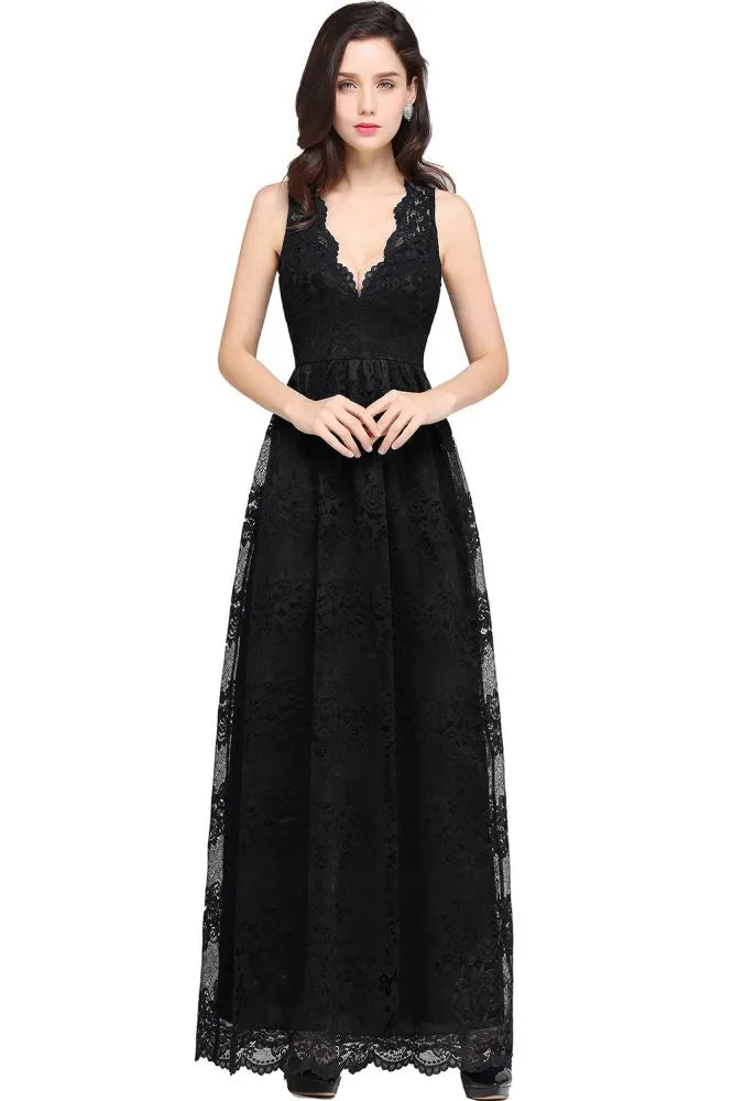 Sheath V-neck Floor-length Lace Navy Blue Formal Dress