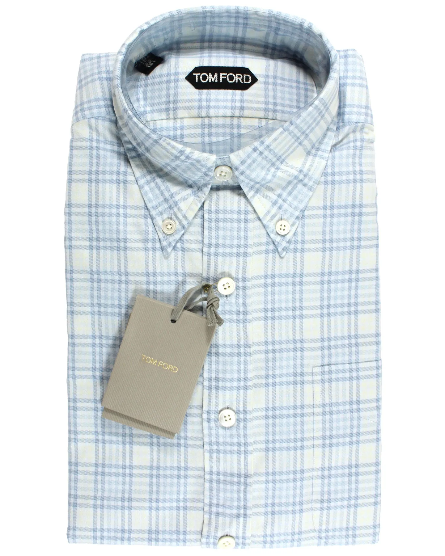 Tom Ford Button-Down Shirt Gray Blue Glen Check Modern Fit 39 - 15 1/2