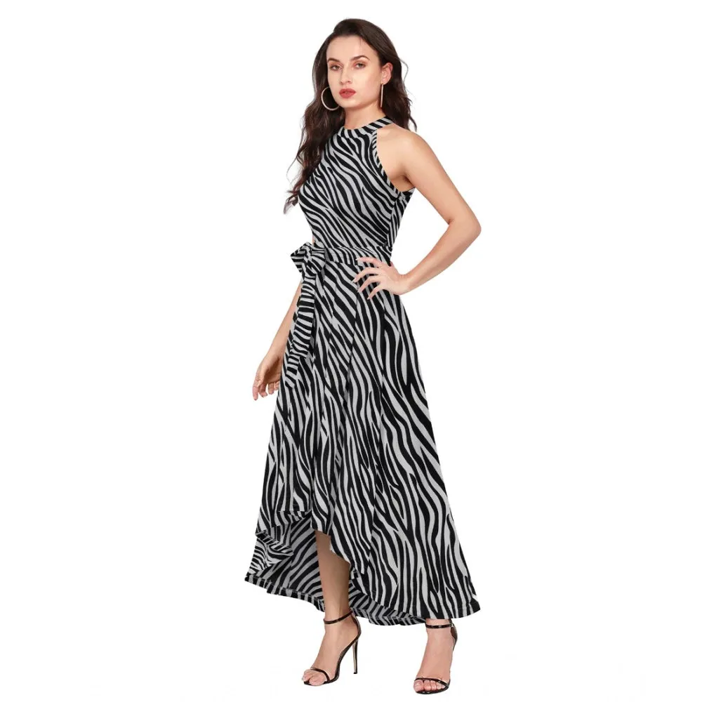 Unique Women's Polyster Zebra Pattern Helter Neck Sleeveless Dress